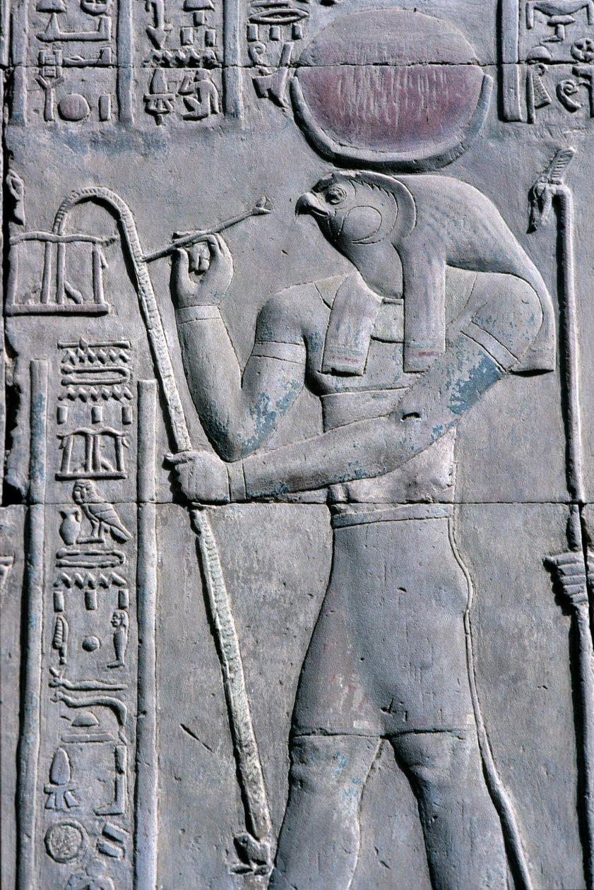 Oud Egypte, Muur schildering/gravure, Horus schrijft op papyrusrol, Tempel van Sebek en Horus, Kom Ombo door School Egyptian