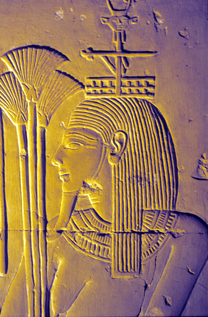 Oud Egypte, Muur schildering/gravure, Nijl God brengt offers van lotusbloemen, Tempel van Seti I, Abydos door School Egyptian