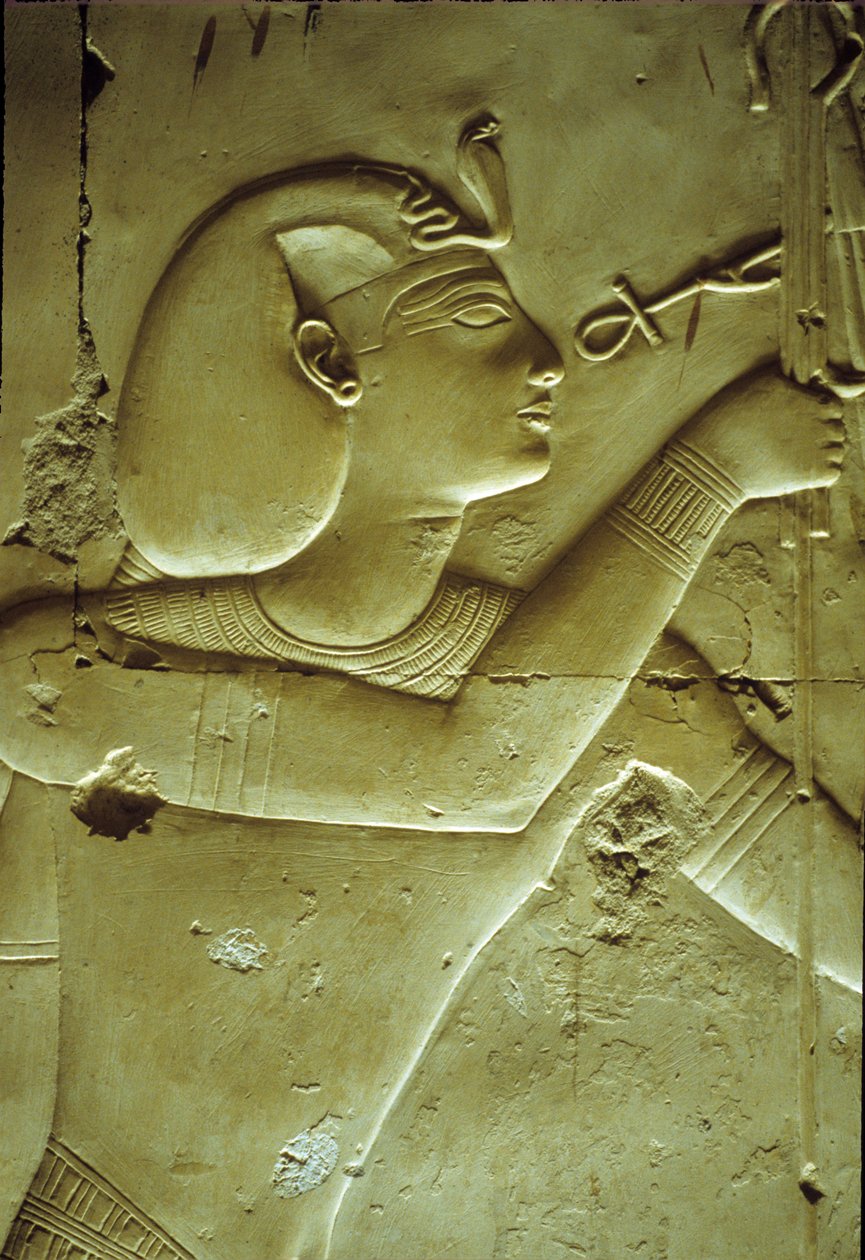 Oud Egypte, Muur schildering/gravure, Seti I ontvangt leven, gesymboliseerd door de ankh, Tempel van Seti I, Abydos door School Egyptian