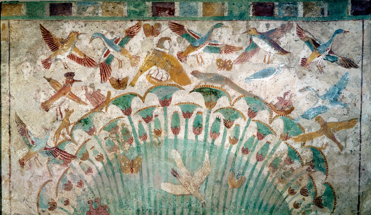 Oud Egypte: dieren in een papyrusstruik, kalksteenfragment uit het graf van Neferhotep, circa 1400 v.Chr. 18e dynastie, Afmeting 43x74 cm Parijs, Louvre museum - Egyptische antiquiteit: dieren in een papyrusstruik, Kalksteenfragment uit het graf van Neferh door School Egyptian
