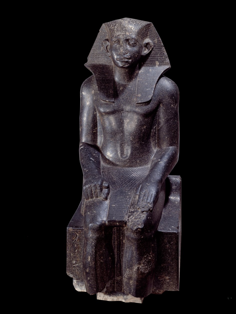 Oude Egyptische kunst: Standbeeld van koning Sesostris III leeftijd. Dioriet sculptuur rond 1870 v.Chr. (12e dynastie, circa 1963-1786). Uit Medamoud (Egypte). Hoogte: 1.200 m. Parijs, Musee Du Louvre door School Egyptian