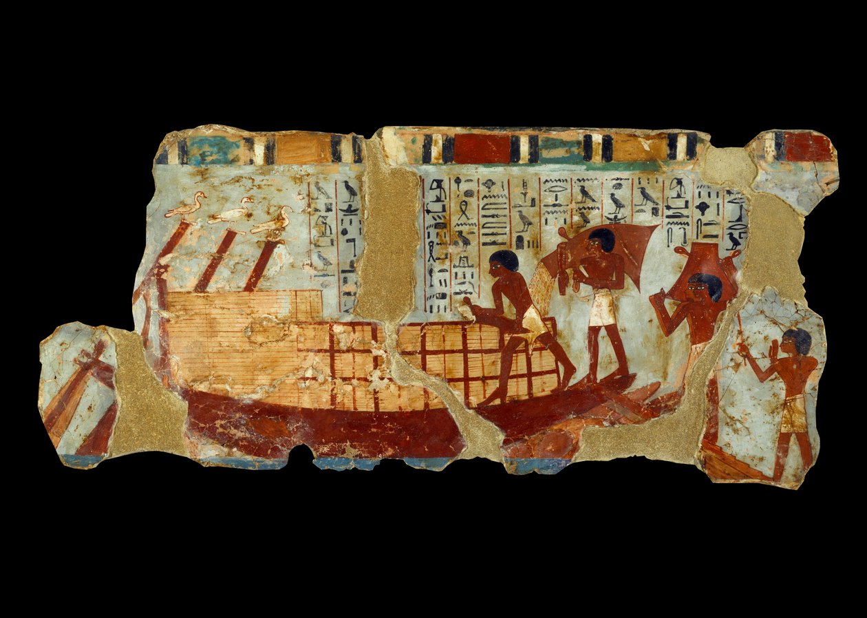 Oude Egyptische kunst: het laden van graan op een boot schilderij op slib uit het graf van Ounou (1450 v.Chr.) door School Egyptian