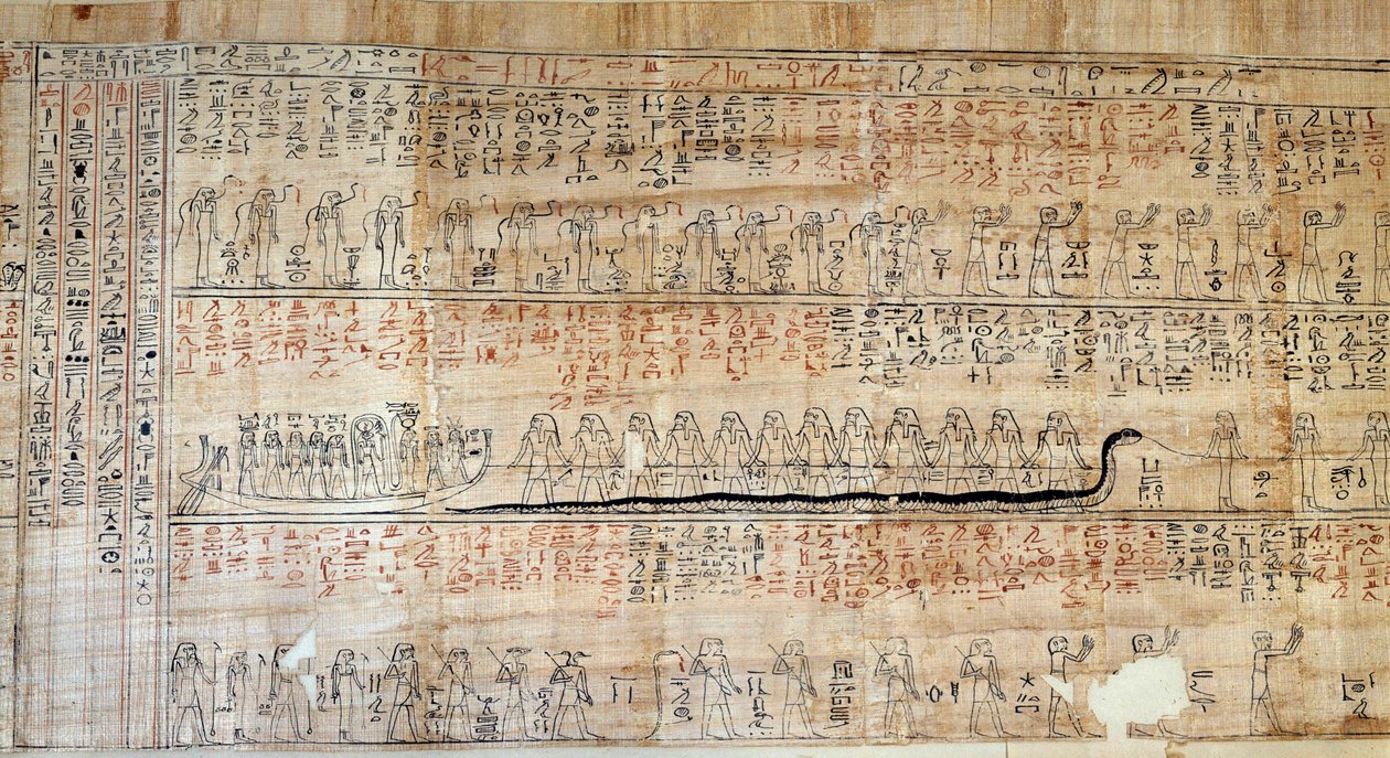 Egyptische oudheid: Papyrus uit het Boek van Geheime Huizen. Dit boek is een becommentarieerde weergave van de ondergrondse reis van de zon tijdens de twaalf uren van de nacht. Eerst getekend op de muren van de koninklijke graven, werd het daarna overgesch door School Egyptian