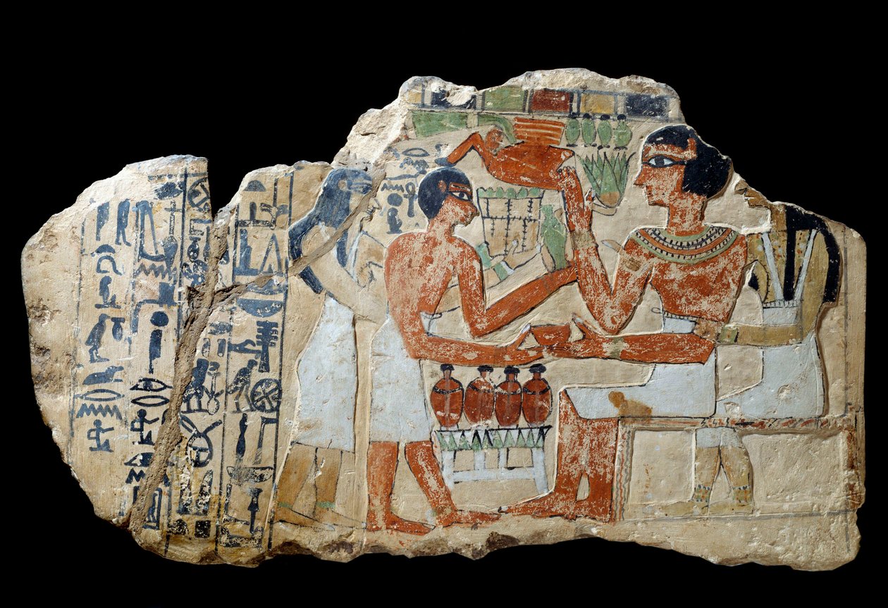 Egyptische oudheid: Iri stèle in kalksteen. Een paar dat een offer brengt. Eerste tussenperiode (2200-2033 v.Chr.) Zon. 0,3x0,52 m Parijs, Louvre museum door School Egyptian