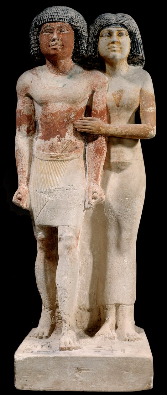 Egyptische oudheid: Kalkstenen standbeeld van het paar Raherka en Meresankh. 5e dynastie. Oude rijk (rond 2700-2200 v.Chr.). Zon 0,52x0,21 m Parijs, Musée du Louvre door School Egyptian