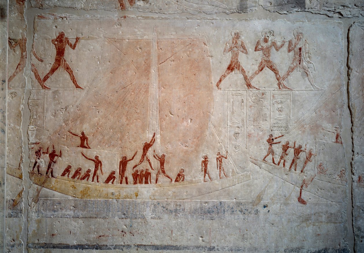 Egyptische oudheid: een zeilboot. Kalkstenen reliëf uit de kapel van Mastaba van Akhethetep in Saqqara. 5e dynastie (rond 2500-2350 v.Chr.) 2300 v.Chr. Parijs, Louvre Museum door School Egyptian