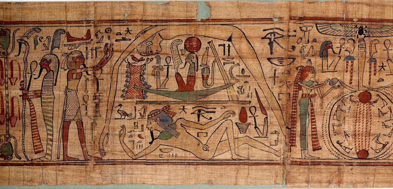Egyptische oudheid allegorie van het kosmos: mythologisch papyrus van Neskapashouty, boekhoudschrijver van granen die kosmogonie voorstelt, met Geb, Nout, Nephtys, Osiris. 1070-664 v.Chr. 21e dynastie. Parijs, Louvre Museum door School Egyptian