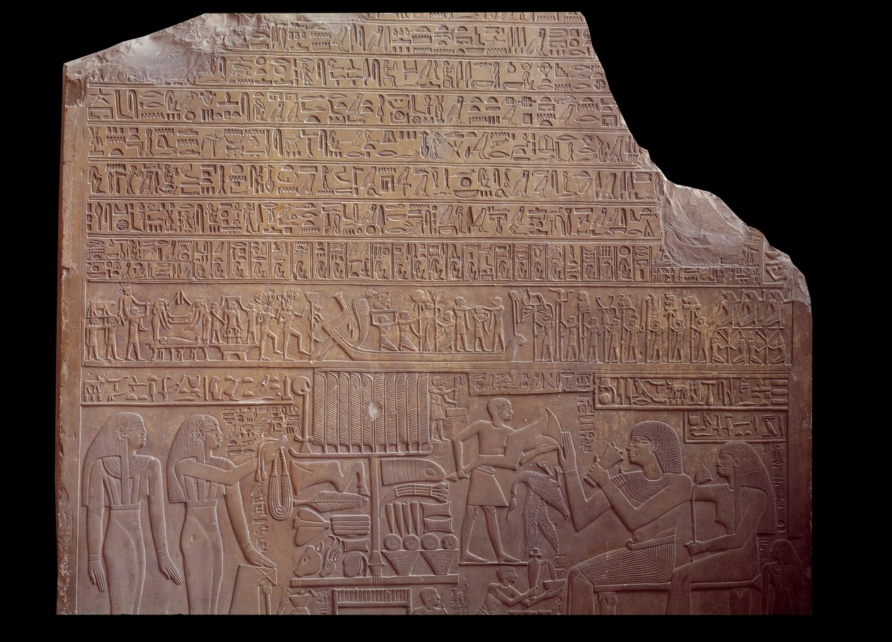 Egyptische oudheid: grafstele bedekt met een inscriptie in codetaal in de vorm van hiërogliefen. Parijs, Louvre Museum door School Egyptian