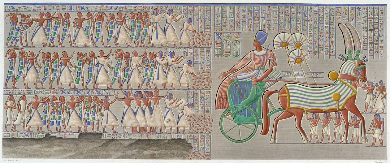 Thebe, Medynet-Abu: gekleurd bas-reliëf, uitgehouwen in de zuidelijke galerij van de peristijl van het paleis - in 
