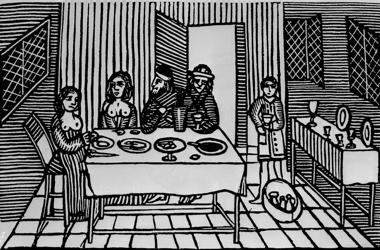 Een Elizabethaans hoerenhuis (houtsnede) (z/w foto) door School English