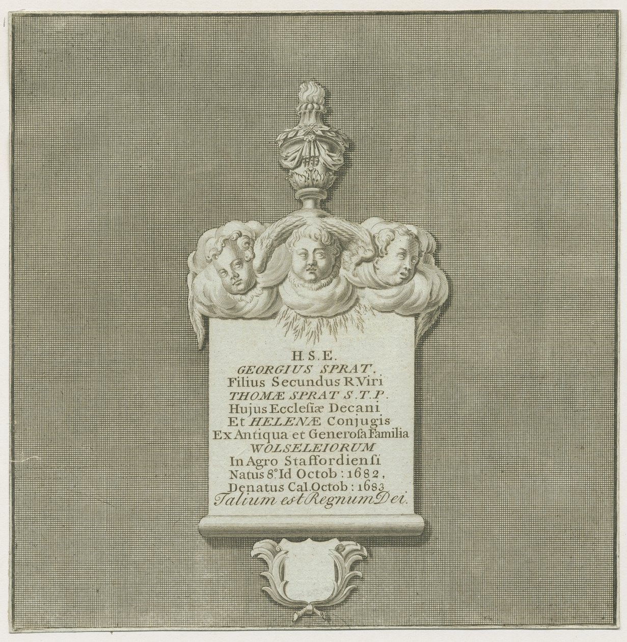Colwich - Muurmonument voor George Sprat (gravure) door School English