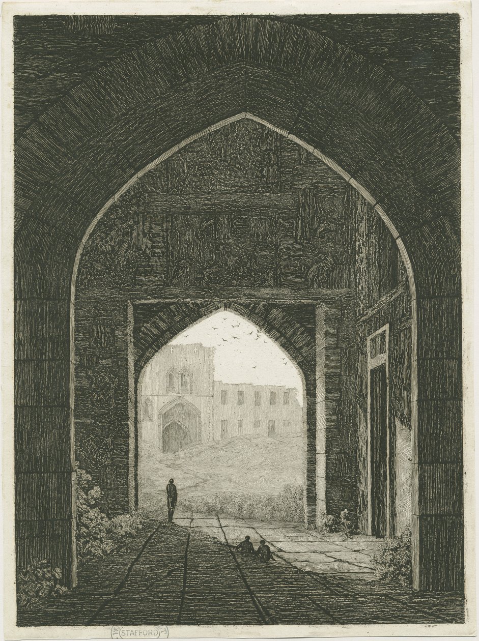 Dudley Castle - Poortgebouw en Noordpoort: ets, nd [?19e eeuw] door School English