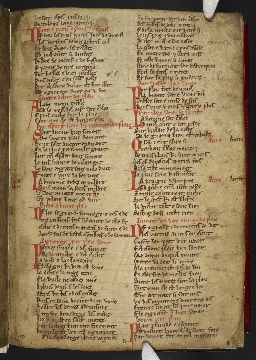 Harley MS 2558 f.8r, Novele cirurgerie, fragment (365 regels). Een verzameling medische recepten in Anglo-Normandisch vers door School English