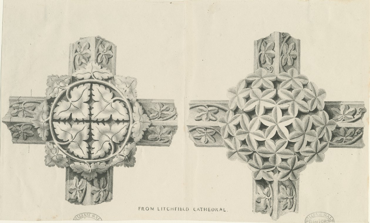 Interieur van de Lichfield Cathedral - Gesneden loofwerk: lithografie, nd [?19e eeuw] door School English