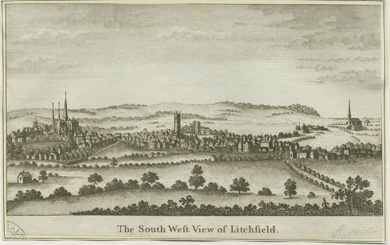 Lichfield - Zuidwestaanzicht: kopergravure, nd [eind 18e eeuw] door School English