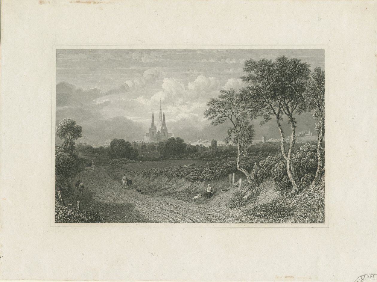 Lichfield Cathedral - Westaanzicht (veraf): gravure, nd [?18e eeuw] door School English