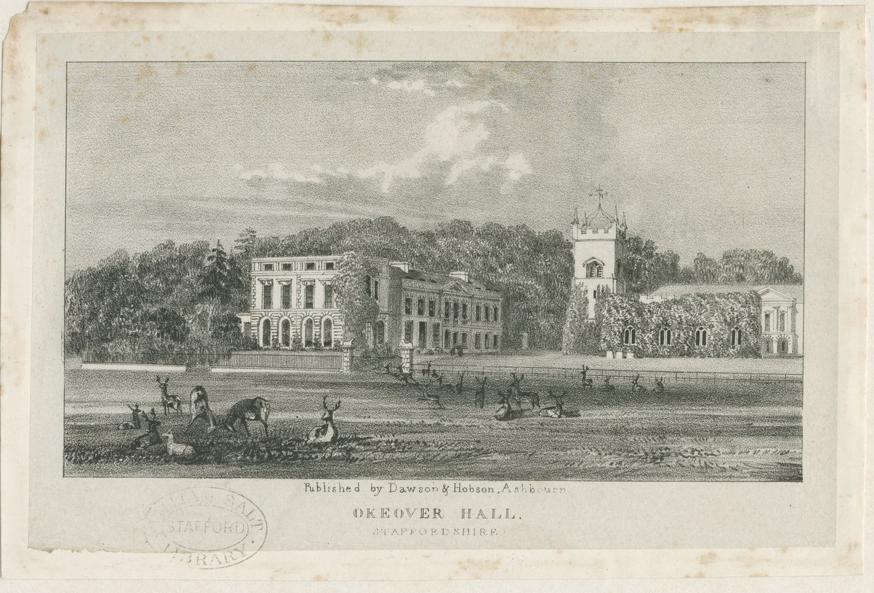 Okeover Hall (lithografie) door School English