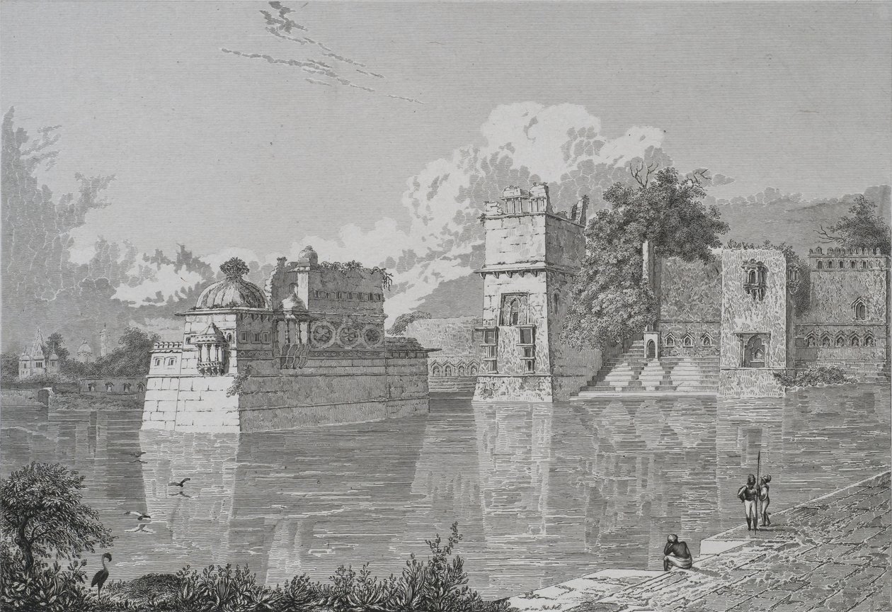 Paleis van Ranee Bheem en Pudmundi in Cheetore (Chitor, Udaipur Staat) (gravure) door School English
