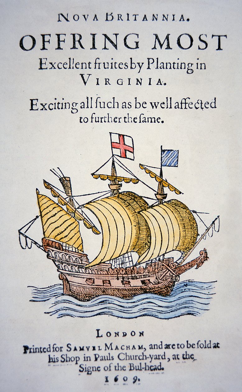 Pamflet dat kolonisten aanmoedigt om naar Virginia in Amerika te gaan, gepubliceerd in 1609 door School English