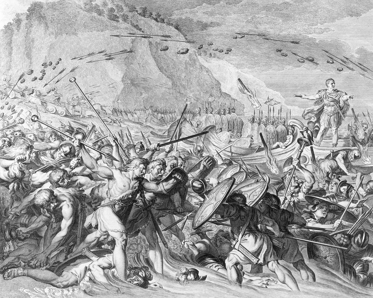 De landing van Julius Caesar in Engeland in 55 voor Christus (gravure) (z/w foto) door School English
