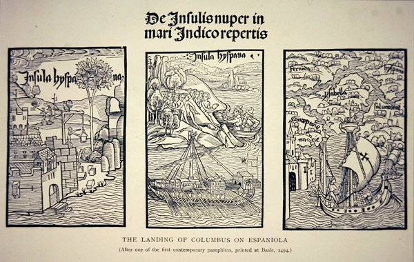 De landing van Columbus op Hispaniola, naar een eigentijdse pamflet gepubliceerd in Bazel in 1494 door School English