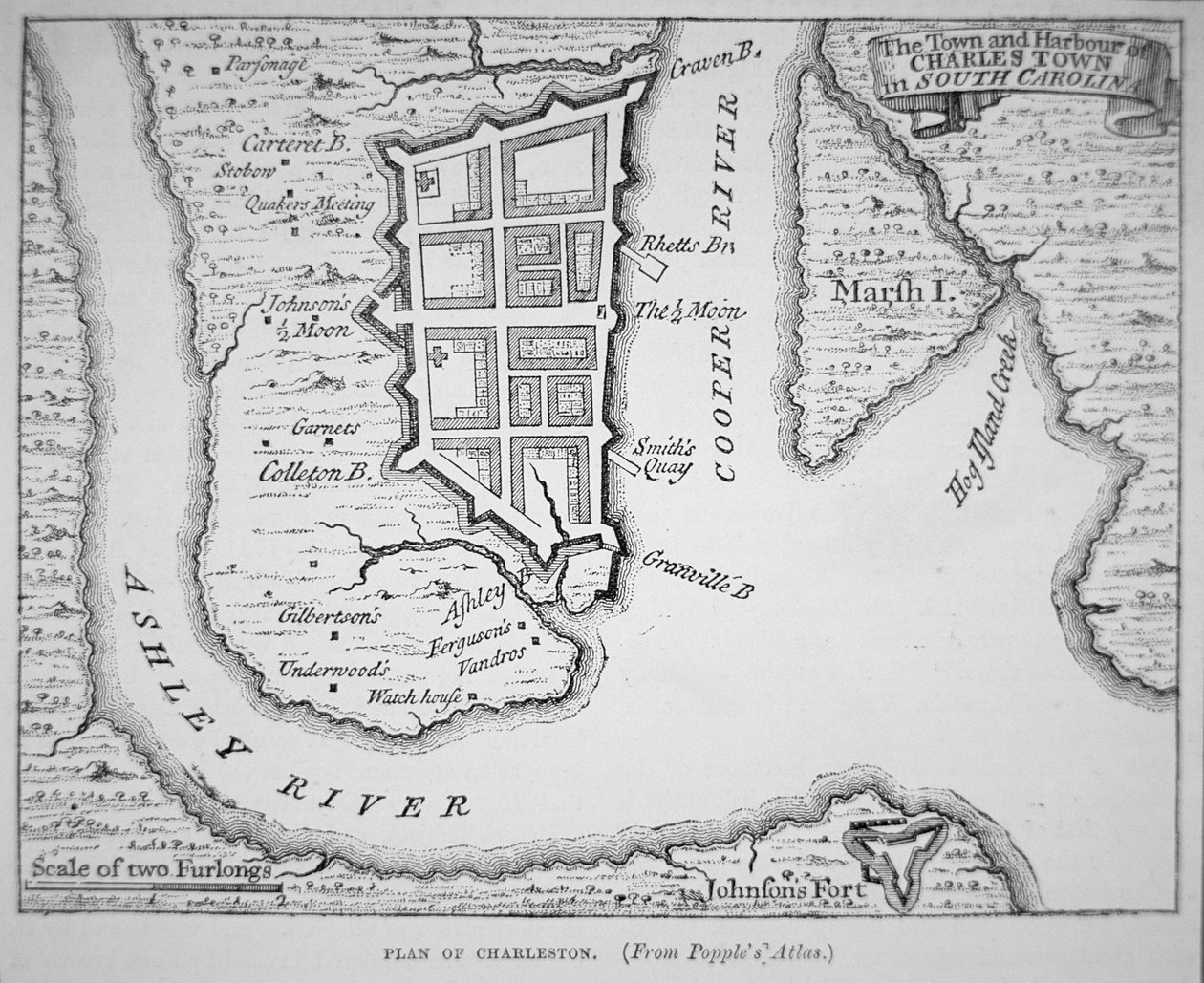 Stad en haven van Charles Town (Charleston), South Carolina door School English