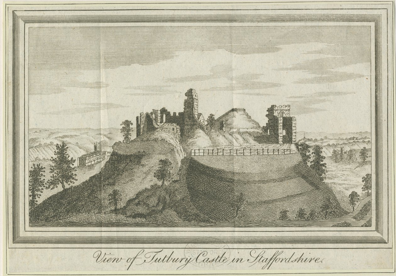 Tutbury Castle - Oostaanzicht (gravure) door School English