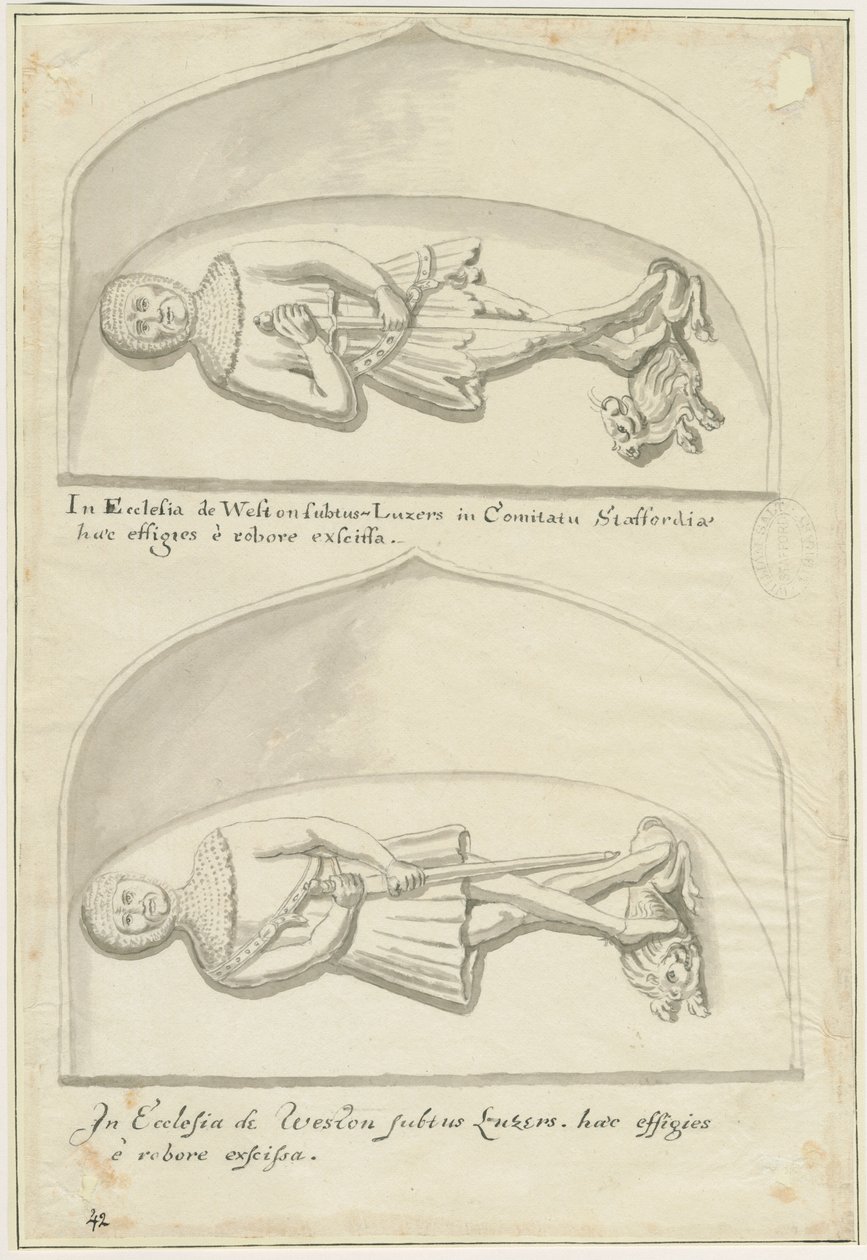 Weston-under-Lizard Kerk - Beelden van Sir Hugh de Weston en Sir Hamo de Weston door School English