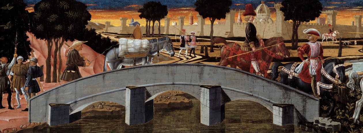 Passagiers die een brug oversteken. Detail. Anoniem schilderij van de Florentijnse School. 1450-1460. Toulouse, Musee des Augustins door School Florentine