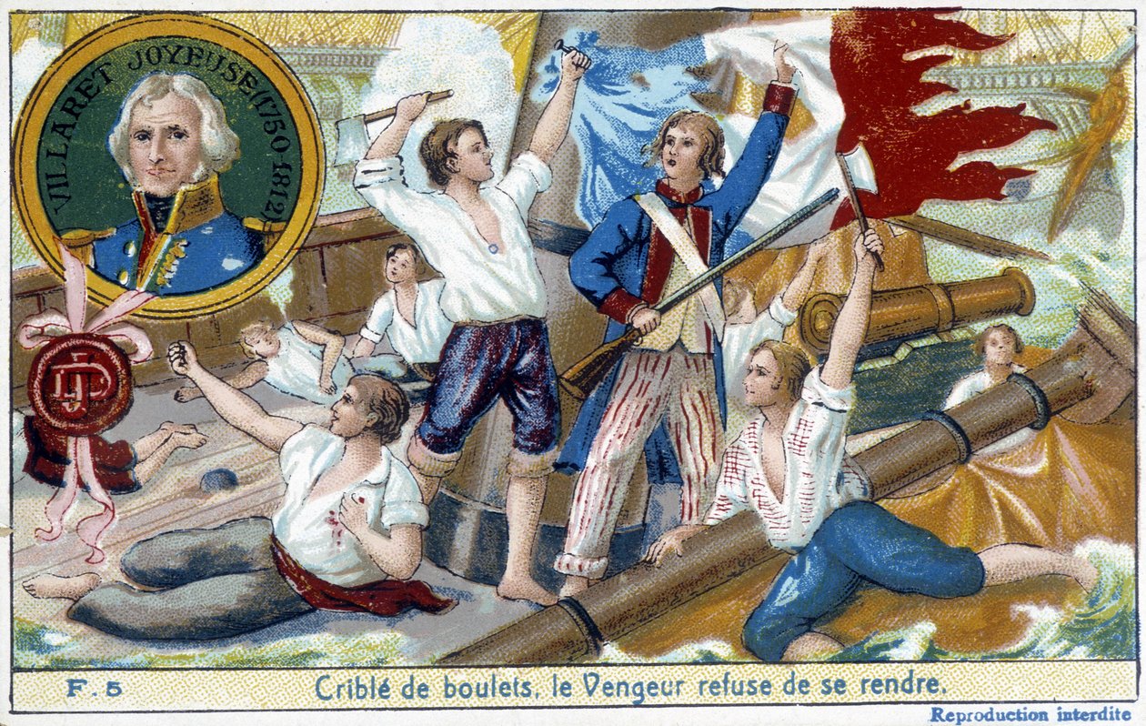 Admiraal Villaret (1750-1812), afgebeeld in het medaillon, leverde de zeeslag van Ouessant aan de Engelse Howe in 1794 door School French
