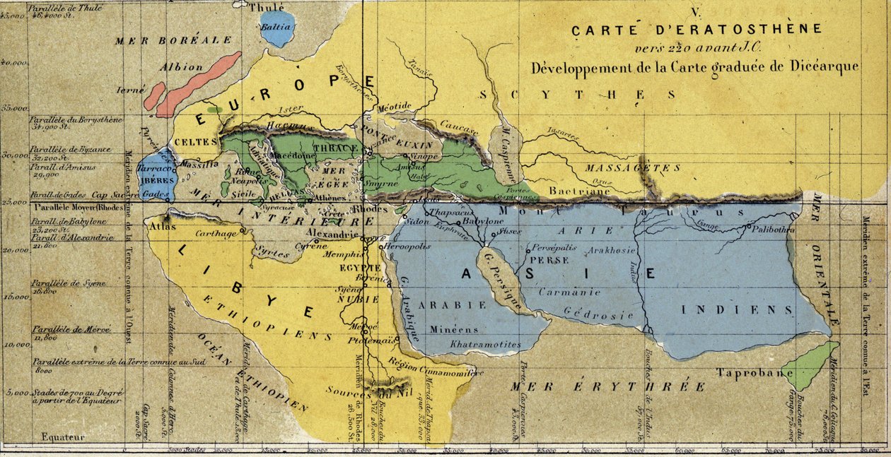 Kaart van Eratosthenes, Griekse astronoom en geograaf uit de 3e eeuw v.Chr. 220 v.Chr. door School French
