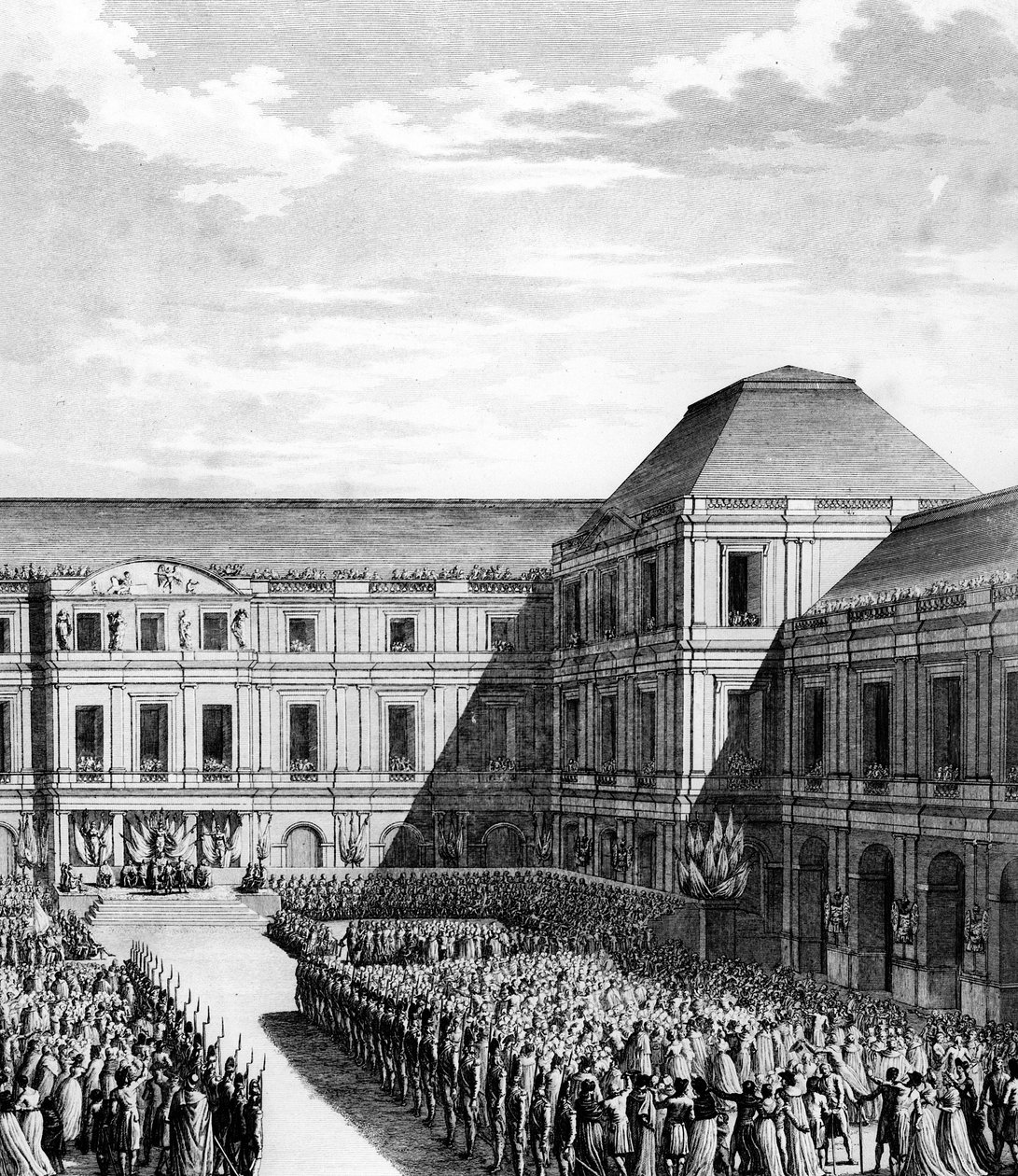 Feest gegeven door Napoleon I Bonaparte (1769-1821) in het Palais national du Directoire (Palais du Luxembourg) in Parijs na de handel van Campo Formio op 20 frimaire An VI (10 december 1797). Parijs, Bibliotheek van het Instituut voor Geschiedenis van de  door School French