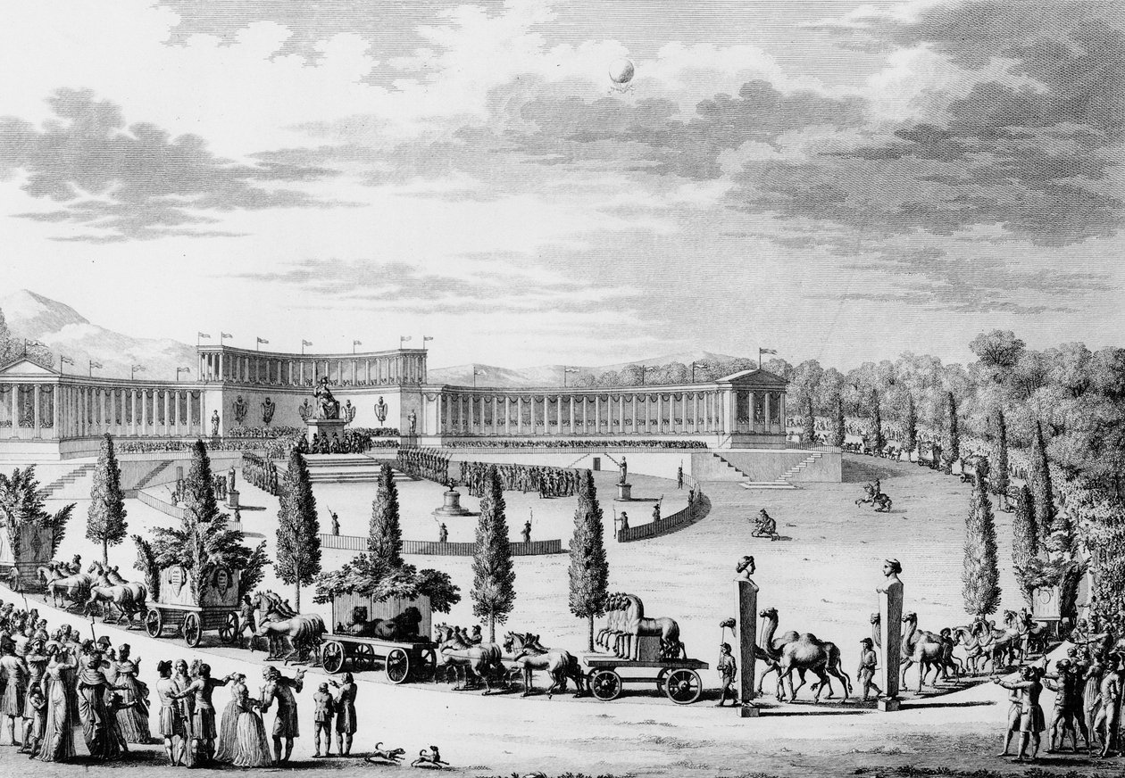Franse Revolutie: Feest ter gelegenheid van de triomfantelijke binnenkomst van de monumenten van wetenschap en kunst in Frankrijk op 9 en 10 Thermidor An VI (28 juli 1798) onder bevel van consul Napoleon Bonaparte (plundercampagne). Parijs door School French
