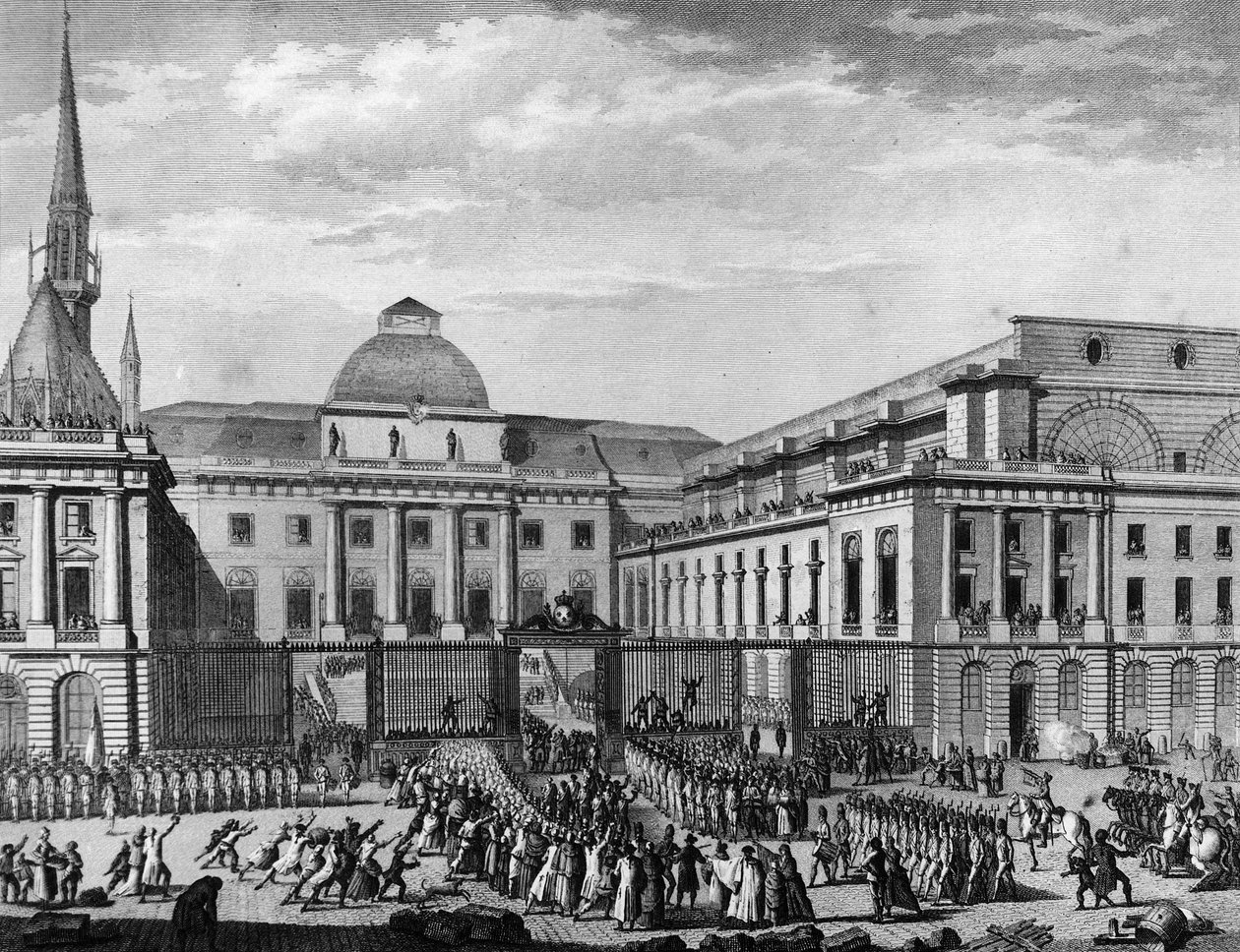 Franse Revolutie: Stadhuis van Parijs, parlement in november 1790 op het eiland van de stad voorgezeten door Jean Baptiste Gaspard Bochart de Saron (1730-1794). Parijs, Bibliotheek van het Instituut voor Geschiedenis van de Revolutie door School French