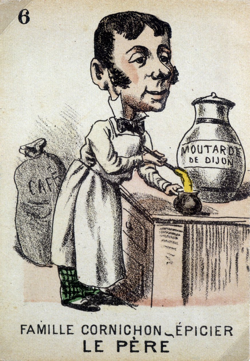 Spel van de Zeven Families: De Vader van de Familie Cornichon-kruidenier die Dijon-mosterd bereidt. Musée de la Carte à Jouer, Issy-les-Moulineaux. door School French