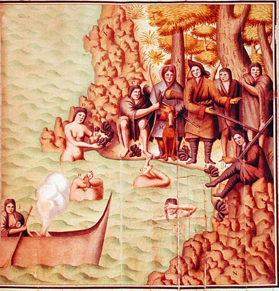Indianen uit de Straat van Magellaan met Franse ontdekkingsreizigers, illustratie uit de 