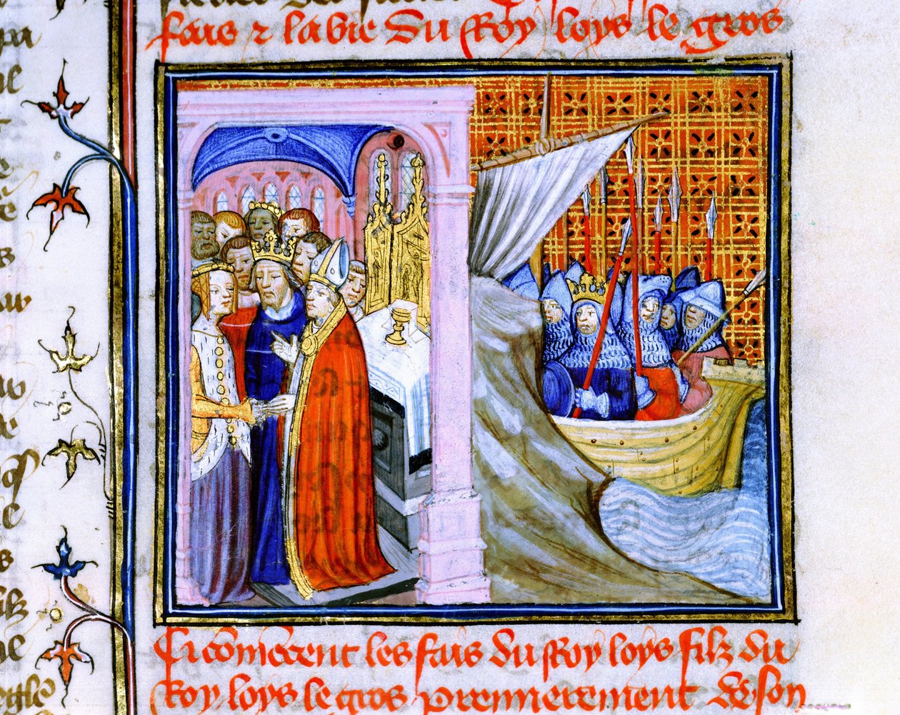 Huwelijk van Eleonora van Aquitanië en Lodewijk VII van Frankrijk (1137) links, en inscheping voor de Tweede Kruistocht 1147-1149, uit 