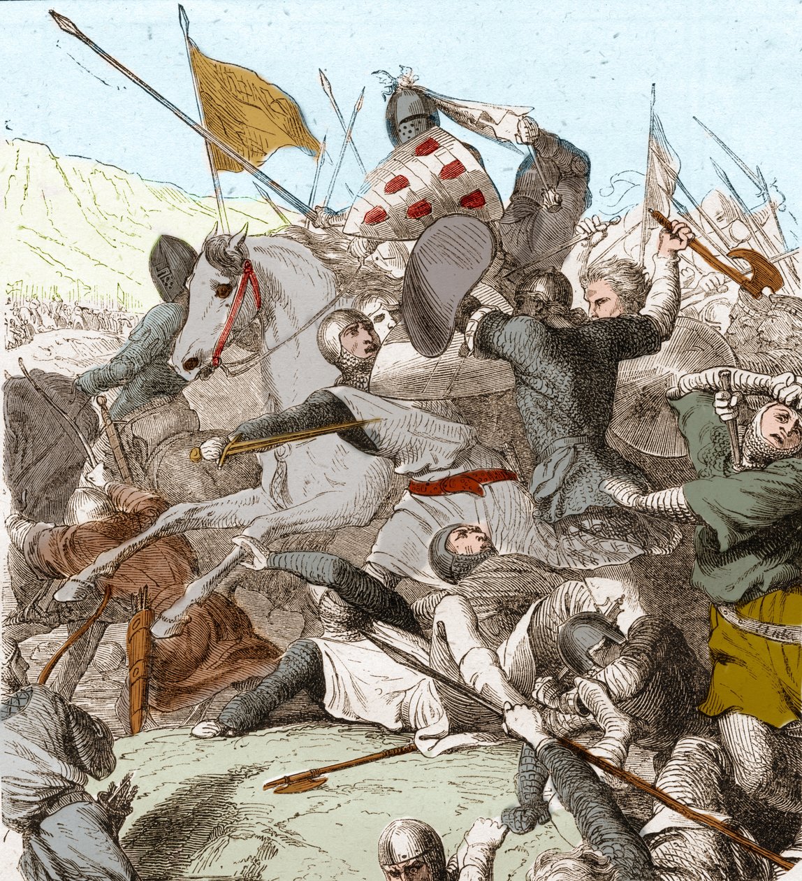 De Slag bij Hattin, 4 juli 1187 (kleur litho). door School French