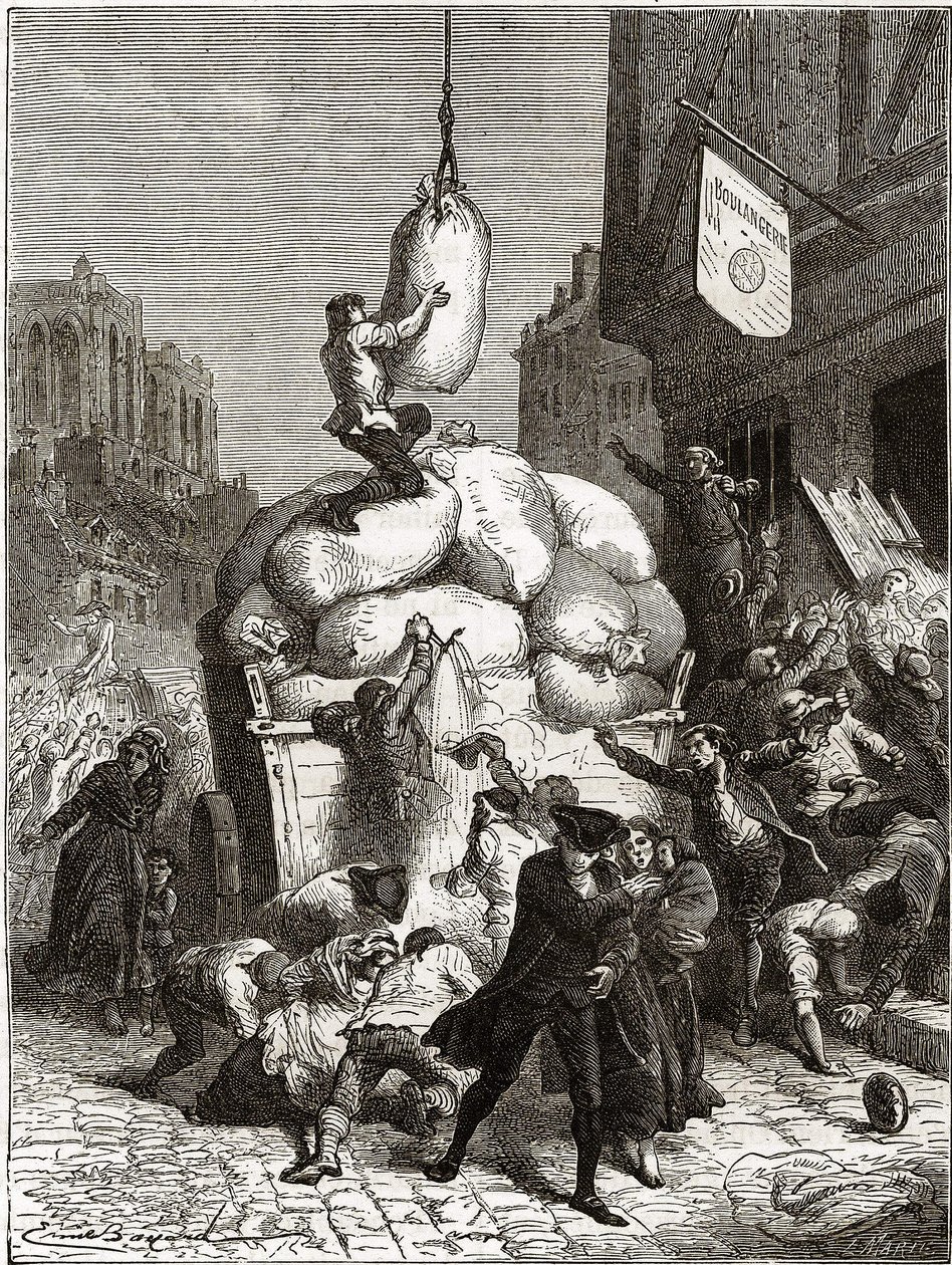 De Meel Oorlog: Plundering van bakkerijen in Parijs, rond 1775 (eerste vruchten van de Franse Revolutie) door School French