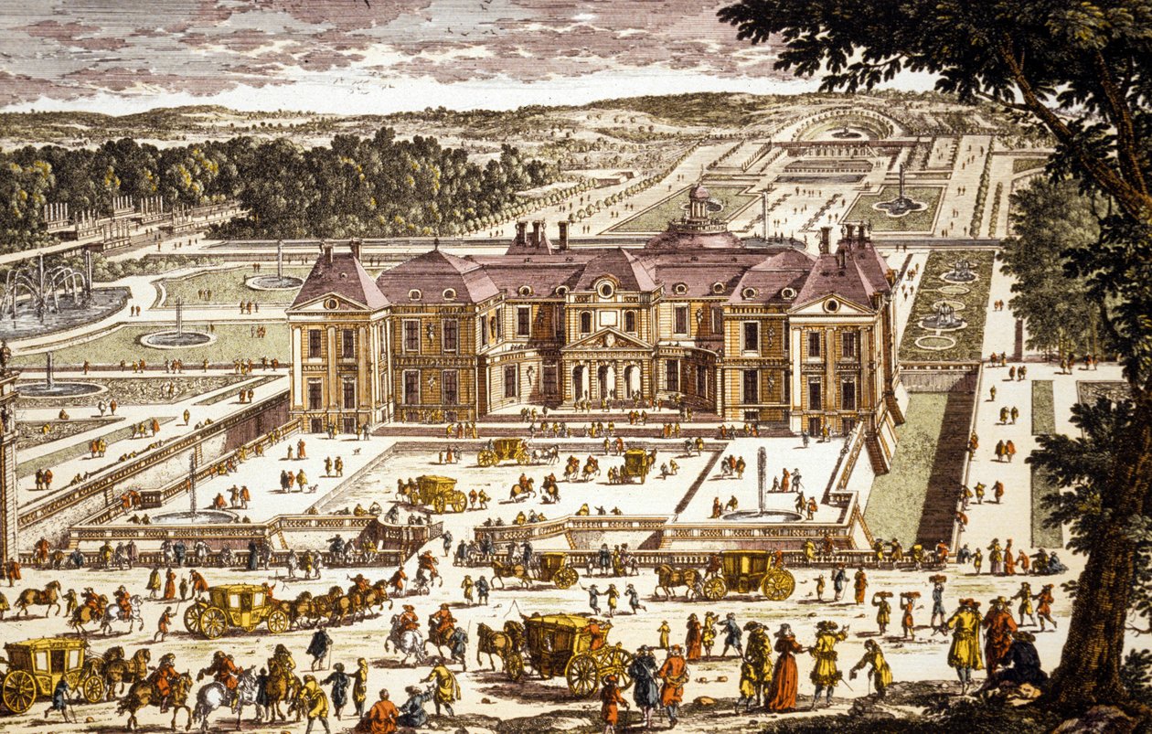 Gezicht op het Château Vaux le Vicomte, gebouwd door Louis le Vau in 1658-1661 voor Nicolas Fouquet (kleurengravure) door School French