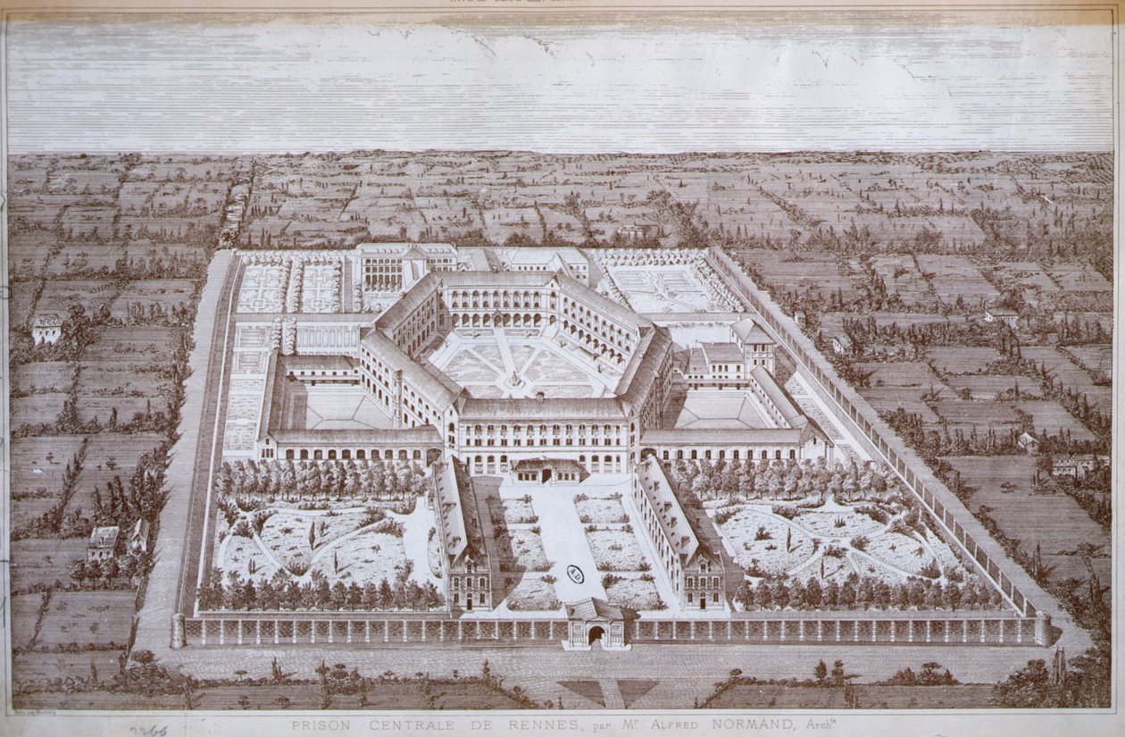 Zicht op de Rennes gevangenis voor vrouwen ontworpen door architect Alfred Normand, gepubliceerd door Intime-Club, Parijs door School French