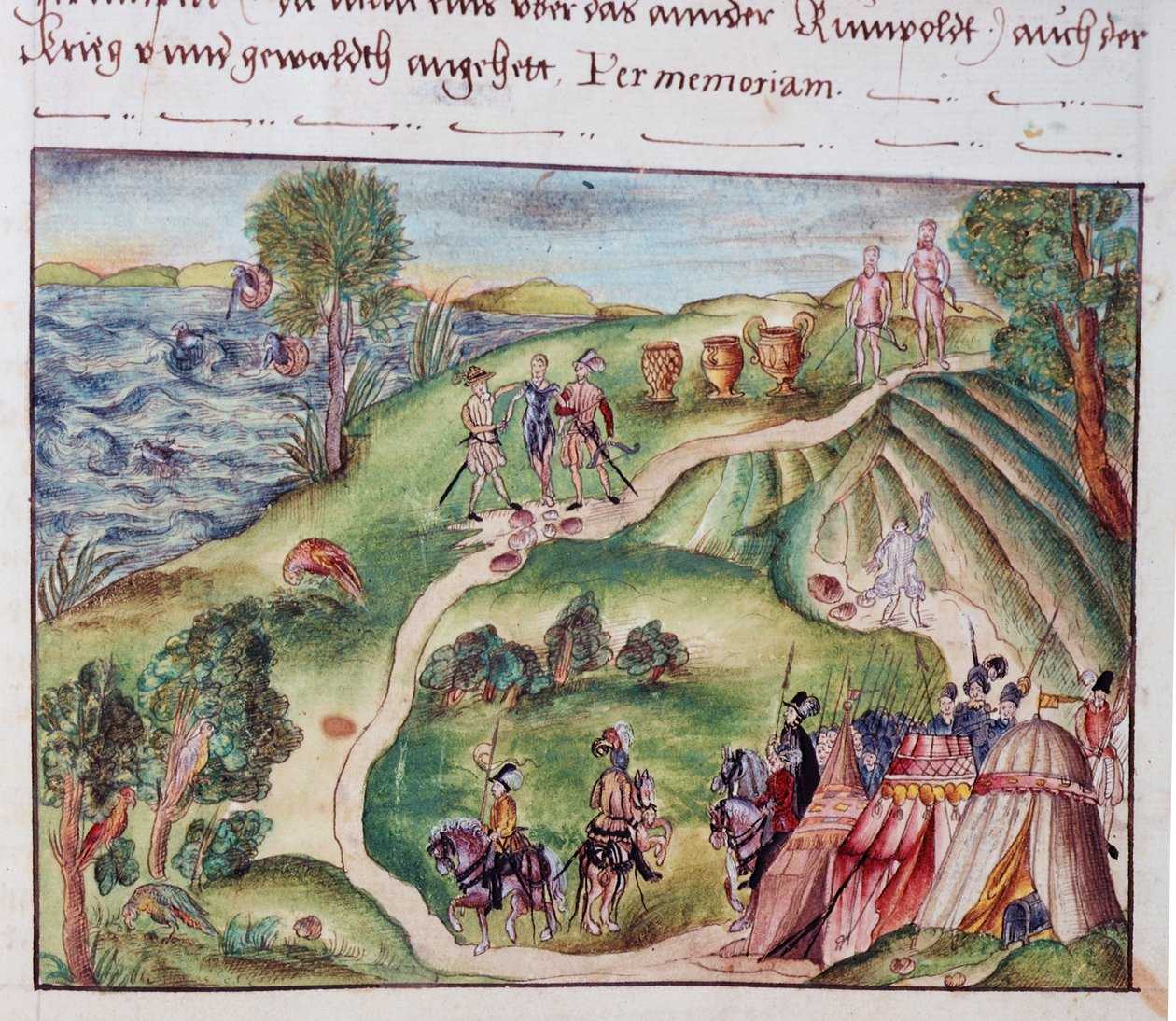 Een Venezolaans landschap met een Spaans kampement, uit een verzameling memoires van de Familie Coeler, Neurenberg door School German