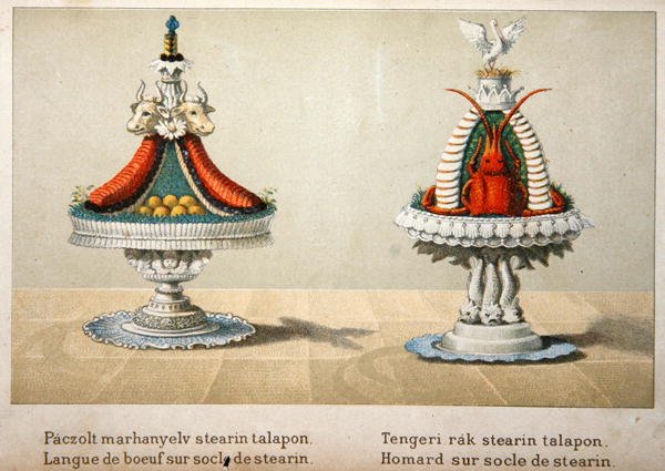 Ontwerp voor de presentatie van ossenhaas op een bed van stearine en voor kreeft, illustratie uit een Hongaars kookboek over Franse keuken, c.1880 door School Hungarian