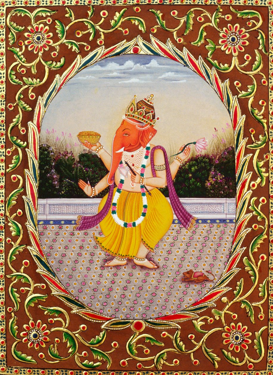 Heer Ganesha Ganpati miniatuurschildering op papier met borduurwerk door School Indian