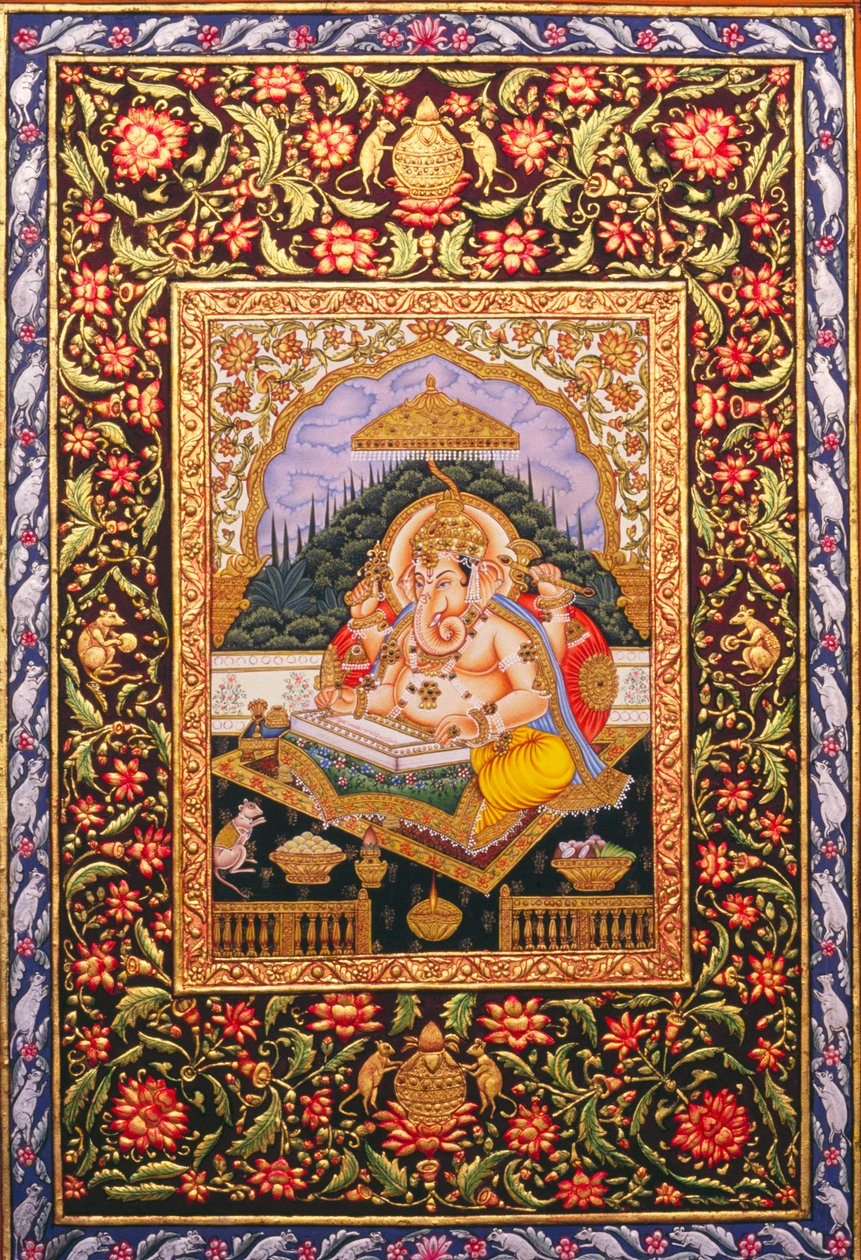 Heer Ganesha Ganpati Miniatuurschilderij op papier met gouden reliëf door School Indian