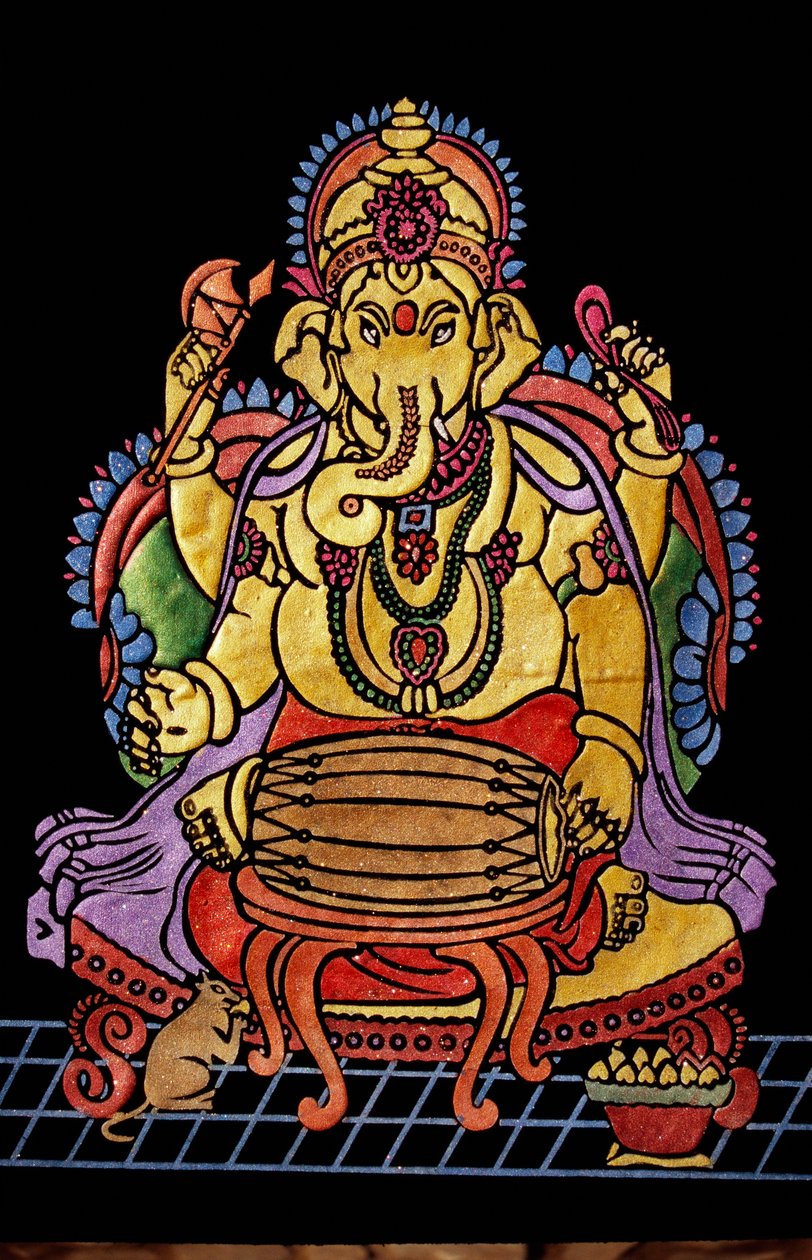 Heer Ganesha Ganpati speelt muziekinstrument borduurwerk door School Indian