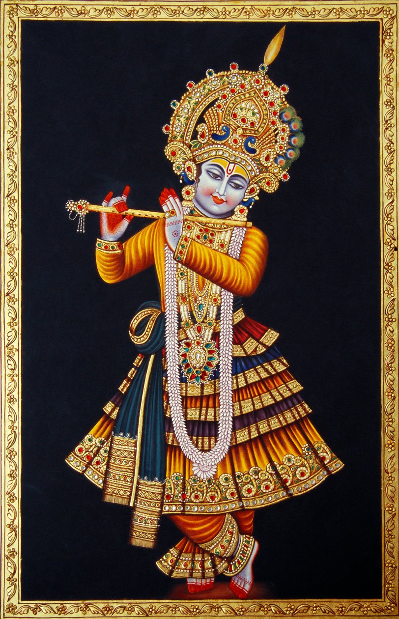 Heer Krishna speelt fluit miniatuurschilderij op papier door School Indian