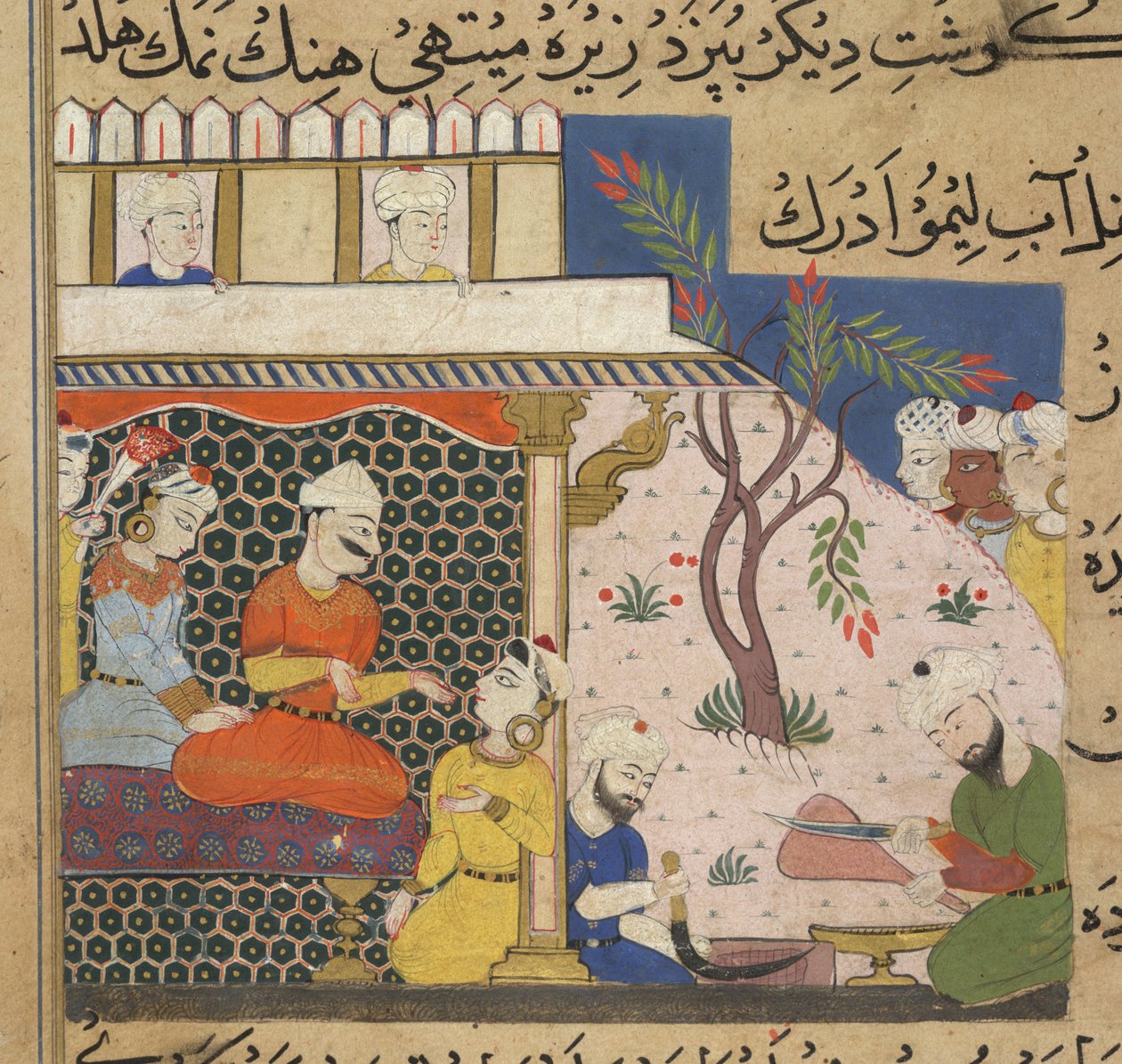 Gehakt wordt bereid voor de Sultan Ghiyath al-Din, terwijl hij met zijn dames flirt, uit The Ni