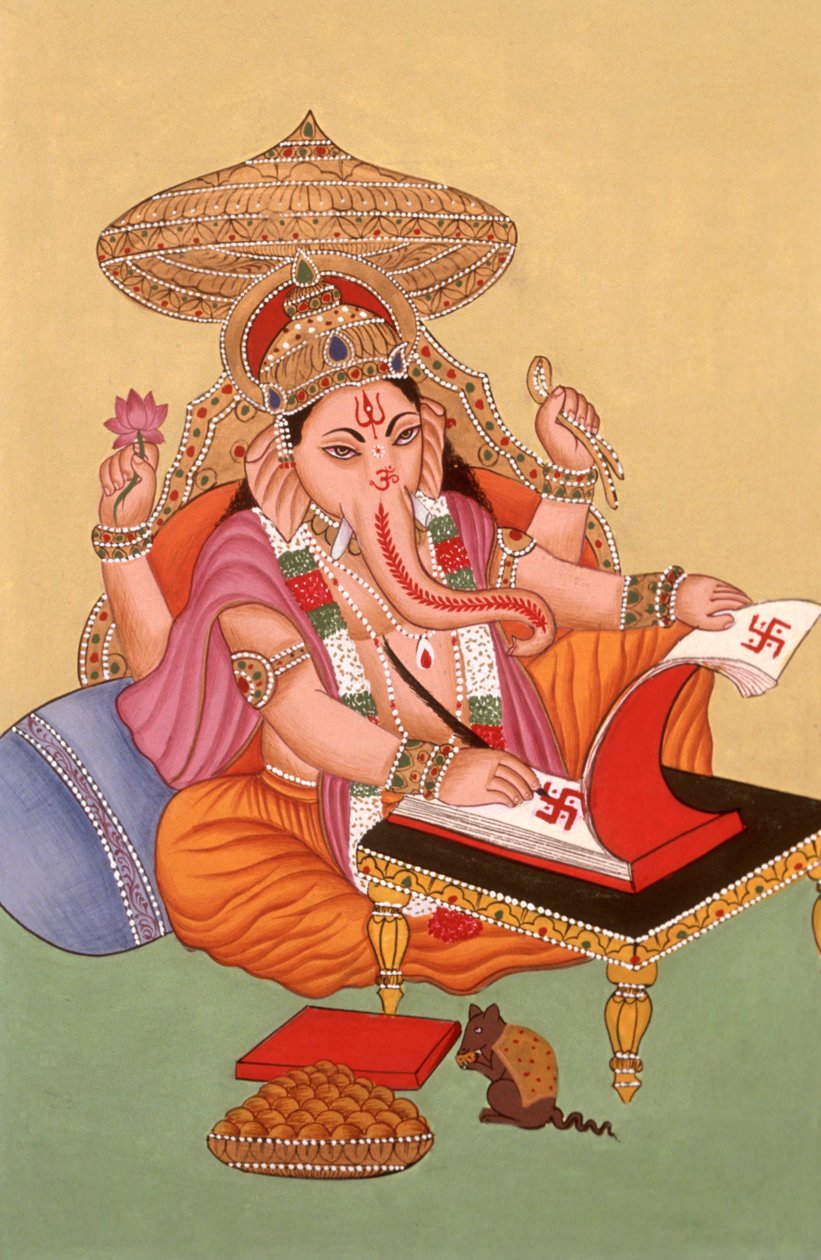 Miniatuurschilderij Olifant Hoofd God Ganesh Ganpati, India door School Indian