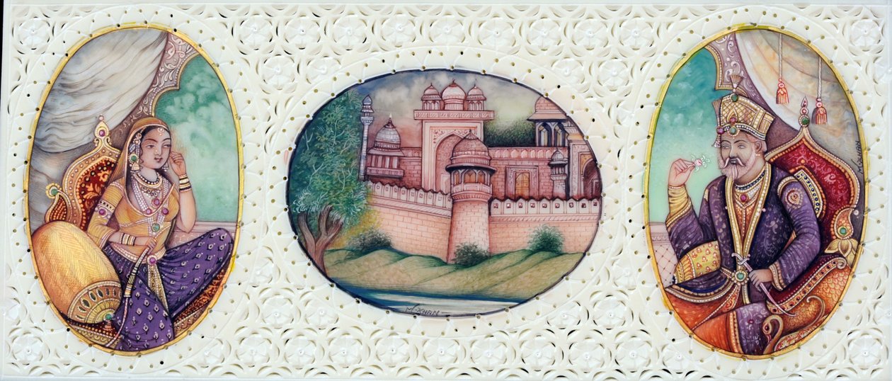 Miniatuurschilderij van Mughal keizer Bahadur Shah Zafar met vrouw Zeenat Mahal door School Indian